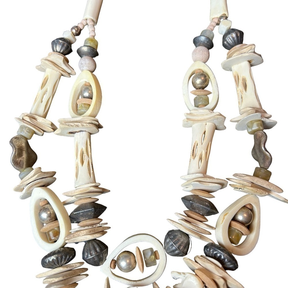 Bone Metal Stone Bead Vintage Two Tier Necklace Carved Lions Bone Hook Closure - Picture 10 of 16